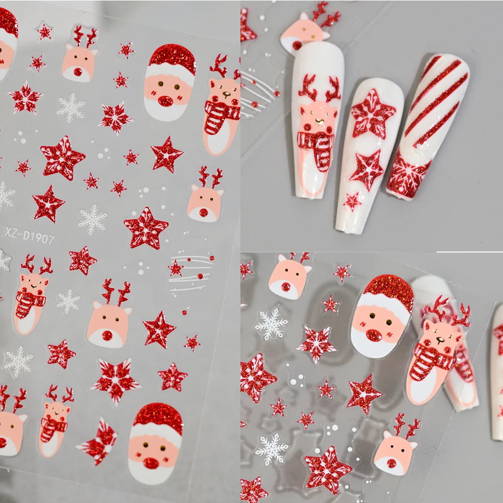 12Pcs Red Glitter Christmas Nail Sticker Gold Silver 3D Santa Claus/Snowflake/Elk/Snowman Winter Nail Decals Xmas Festival Decor