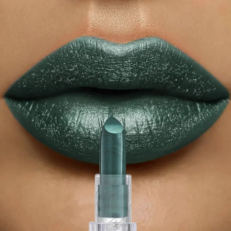 Halloween Shimmer Metallic Lipstick, Dark Green Glitter Lip Stick Long Lasting Gothic Party Lip Makeup