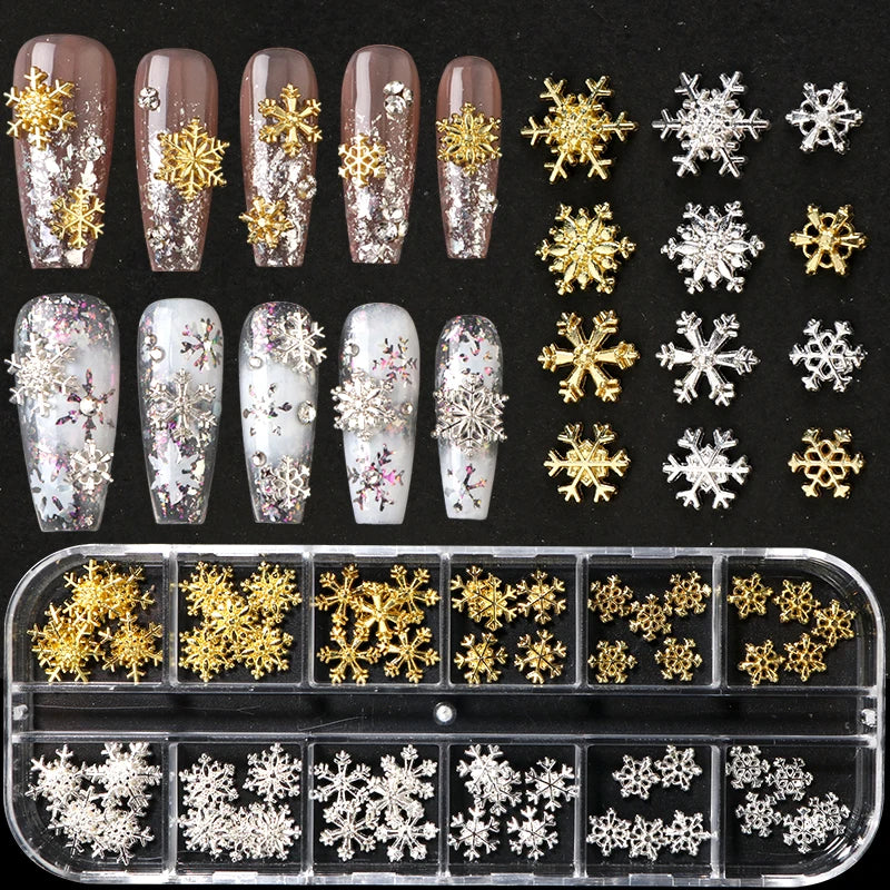 12 Grids 3D Metallic Snowflake Christmas Nail Decorations Gold Silver Snowflake Alloy Nail Charms Y2K Glitter Winter Nail Rivets