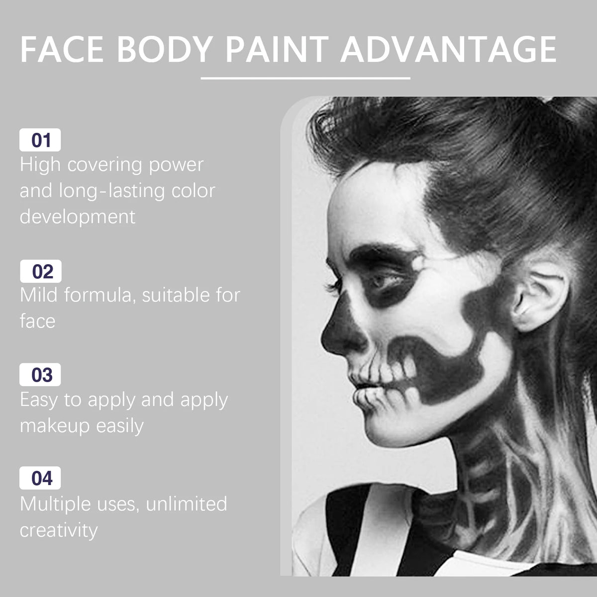 Halloween Makeup Face Body Paint With Brush Long Lasting High Coverage Mild Gentle Skin‑Friendly Halloween Skeleton Zombie