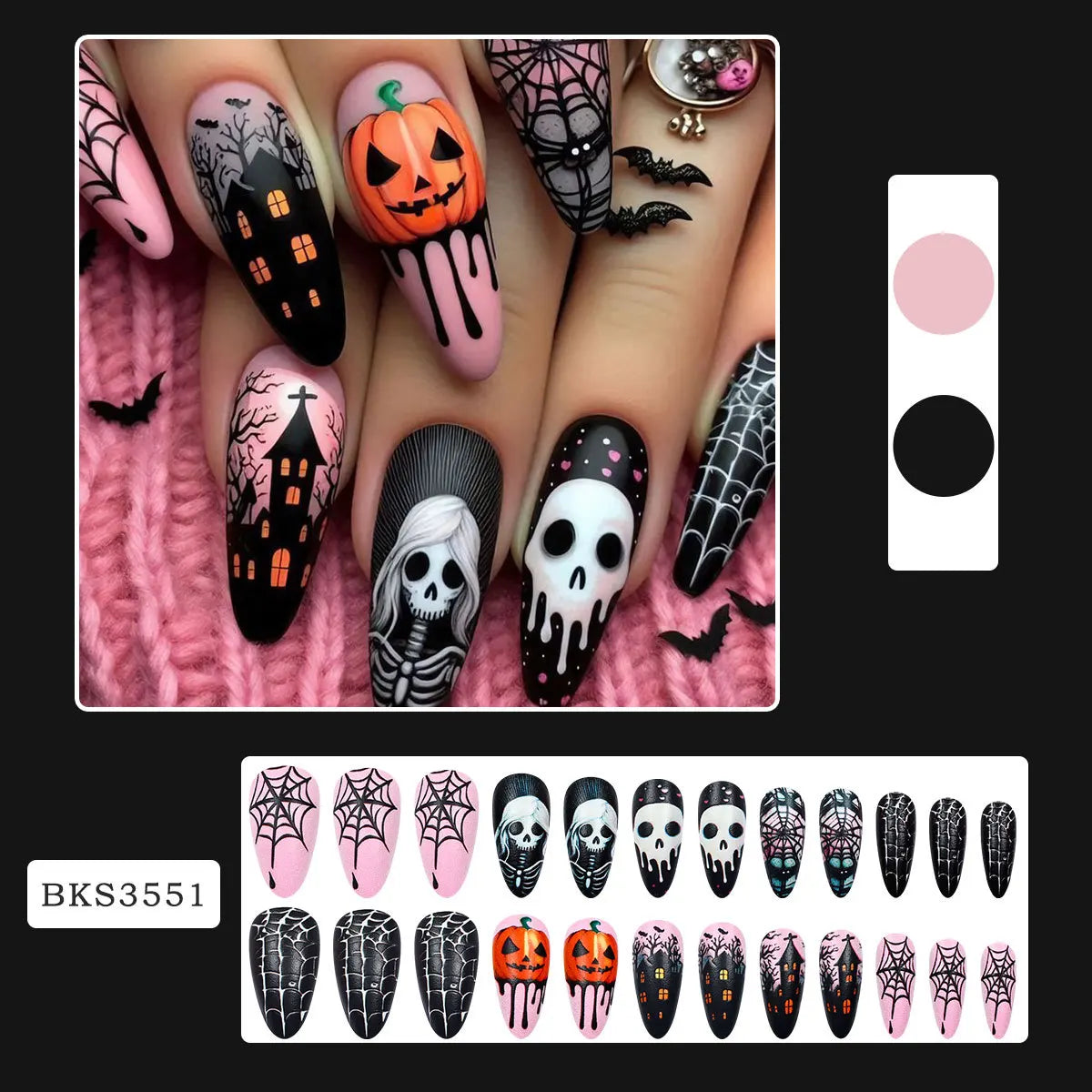 Halloween False Nails with Almond Head Designs Pumpkin Fake Nails French Full Cover Manicure Press on Nail Tips Ghost House