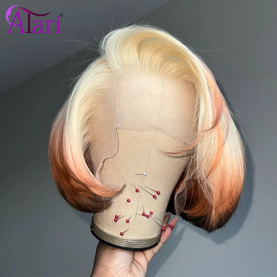 Upgrade 13x4 Lace Frontal Bob Striaght 3 Tone Human Hair Wigs Brazilian Ombre 613 Colored Short Bob Transparent Wig 180 Density