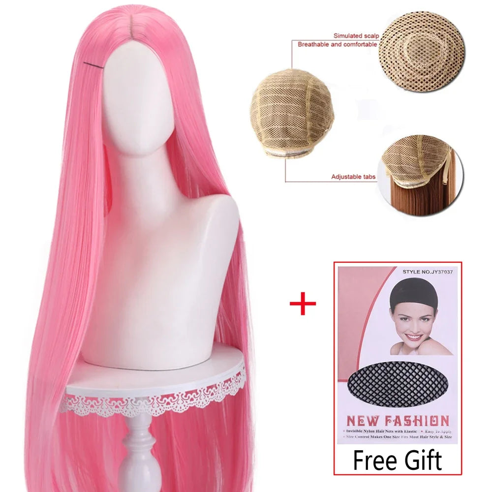 Long Straight Cosplay Wig 100cm Centre Parting Central Split Blond Pink Red Purple Heat Resistant Synthetic Hair Wigs