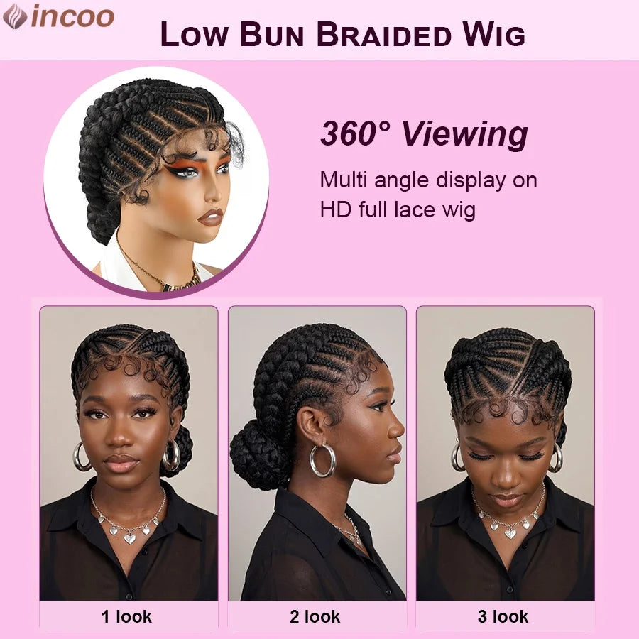 Short Bantu Knotless Braided Wigs Synthetic Full Lace Wig Box Braids Low Buns Wig Glueless Cornrow Braiding Hair Wigs For Women