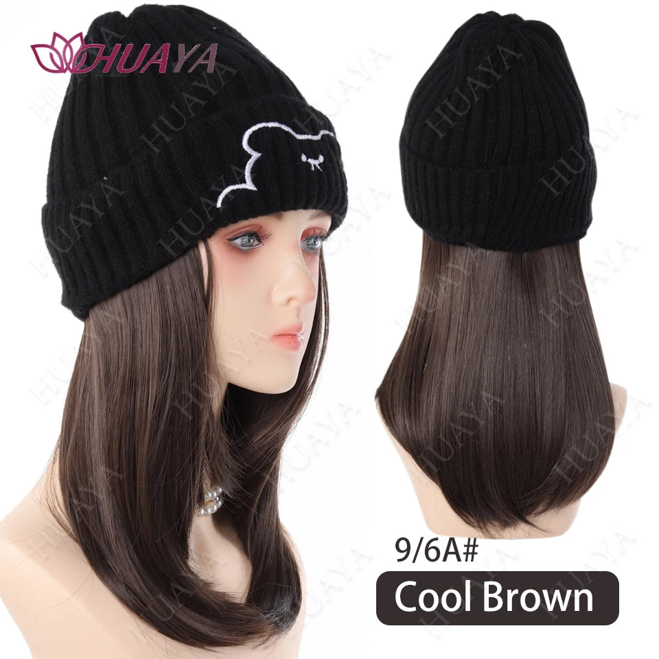 Synthetic Hat Wig Medium Length Straight Hair knitted Hat Wig Hair Extensions Accessories Autumn Winter Cap Warm Velvet Lining