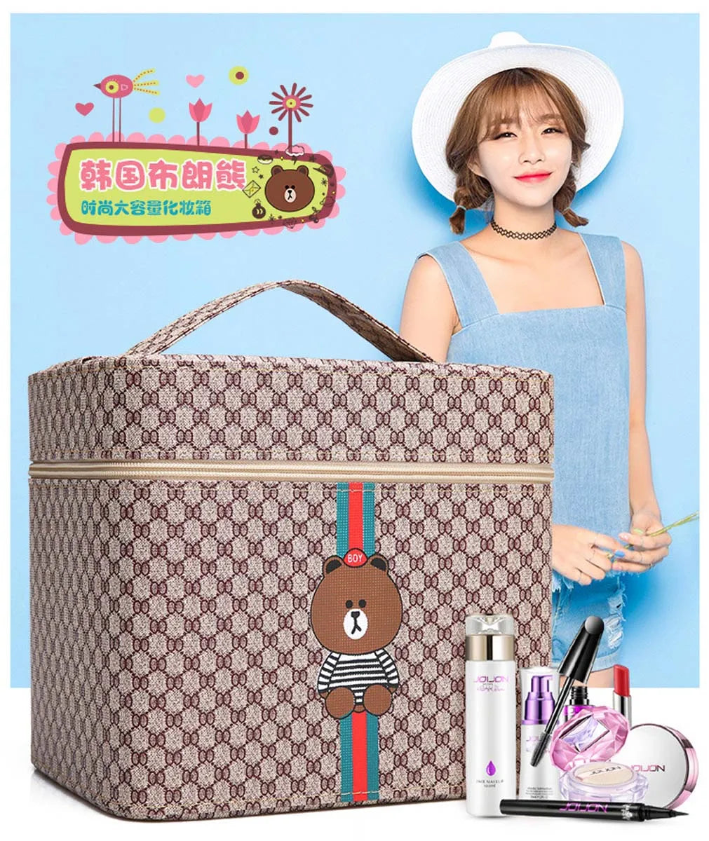 Large capacity new makeup bag Travel portable makeup case Portable high-end PU leather cosmetics storage bag cute bear pattern