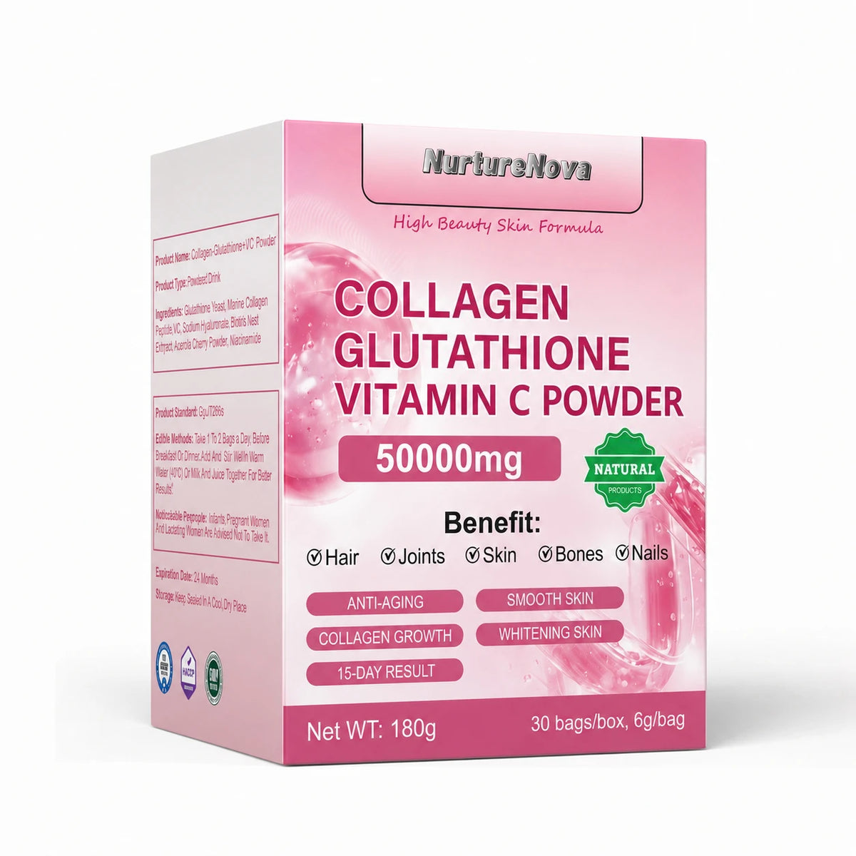 Collagen Peptides Glutathione Vitamin C Powder 30 Sachets, Marine Collagen Drink Mix Antioxidant Wellness Support