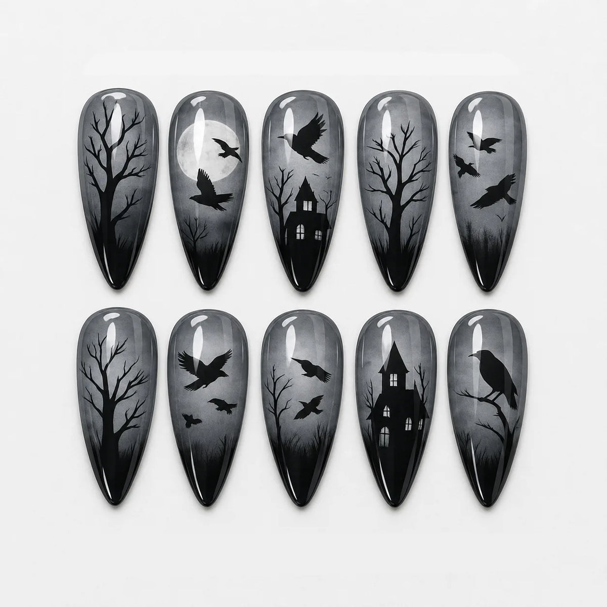 30pcs Halloween Press On Nails Gothic Skeleton Skull Spider Web Black Cat Haunted House Fake Nail Almond False Nail for Women