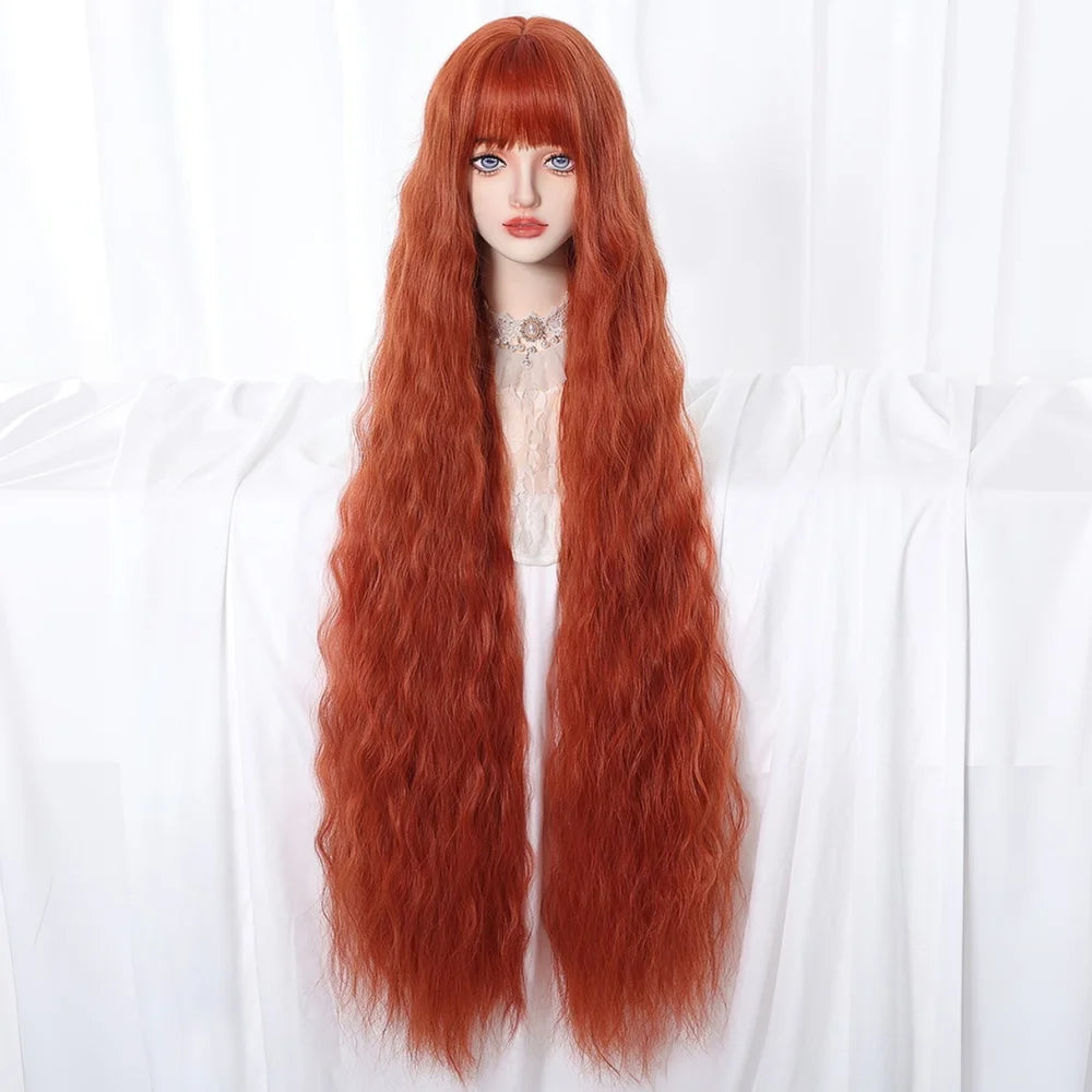 Copper Red Super Long Curly Synthetic Wig with Bangs Ginger Lolita Wavy Heat Resistant Cosplay Halloween Party Wigs for Women