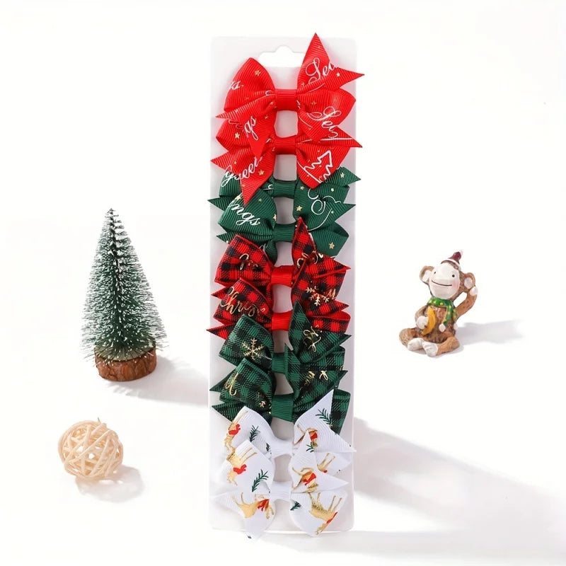 10Pcs Christmas Bow Hair Clips for Girls Santa Claus Print Ribbon Hairpins Boutique Party Cheer Kids Headwear Hair Accessories