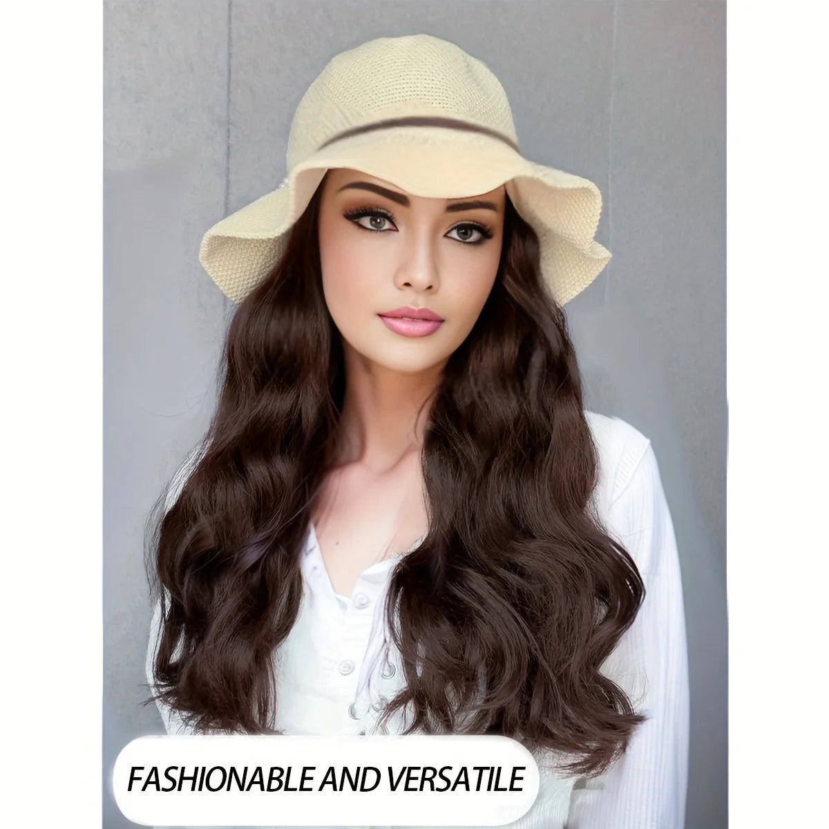 Synthetic Long Curly Wave Hair Women's Summer Sun Hat Wig - Breathable Bow Ribbon Fisherman Hat Wig hat wig in one