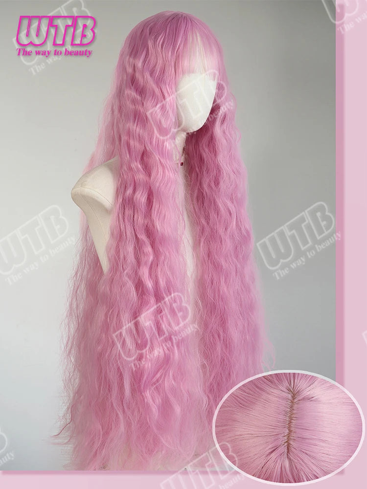 Synthetic Wig Pink Extra Long Wavy Curly Wig Lolita Wig with Bangs Suitable for Women to Wear for Holidays Parties and Cosplay