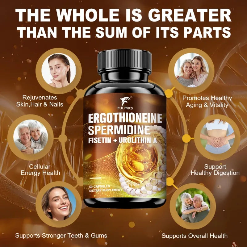 Ergothioneine Spermidine Supplement, with Urolithin A, Support Skin Elasticity, Antioxidant, Promotes Cell Protection, Skin Glow