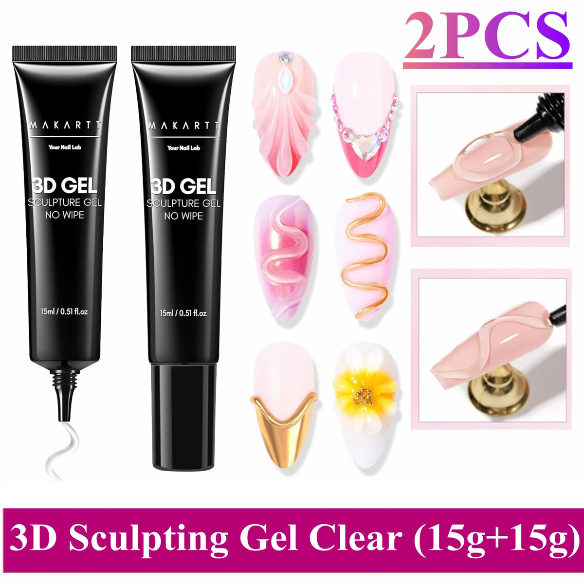 Makartt 3D Gel Nail Art – Clear & Noir Sculpting Gel for DIY Embossed Nail Designs – No Wipe Easy-Squeeze Tube Nail Glue