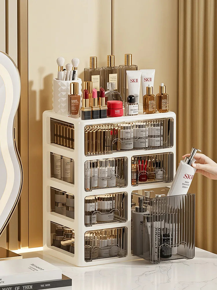 Cream Color Cosmetics Box,Multi-compartment Lipstick/Mask Organizer,Drawer Dresser for Skincare/Makeup Brushes,1–4 tiers