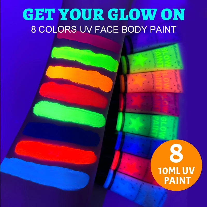 10ml 8 Colors UV Blacklight Face Paint with tattoo stickers，Fluorescent Neon Body Paints,Washable Quicker, Mardi Gras Halloween