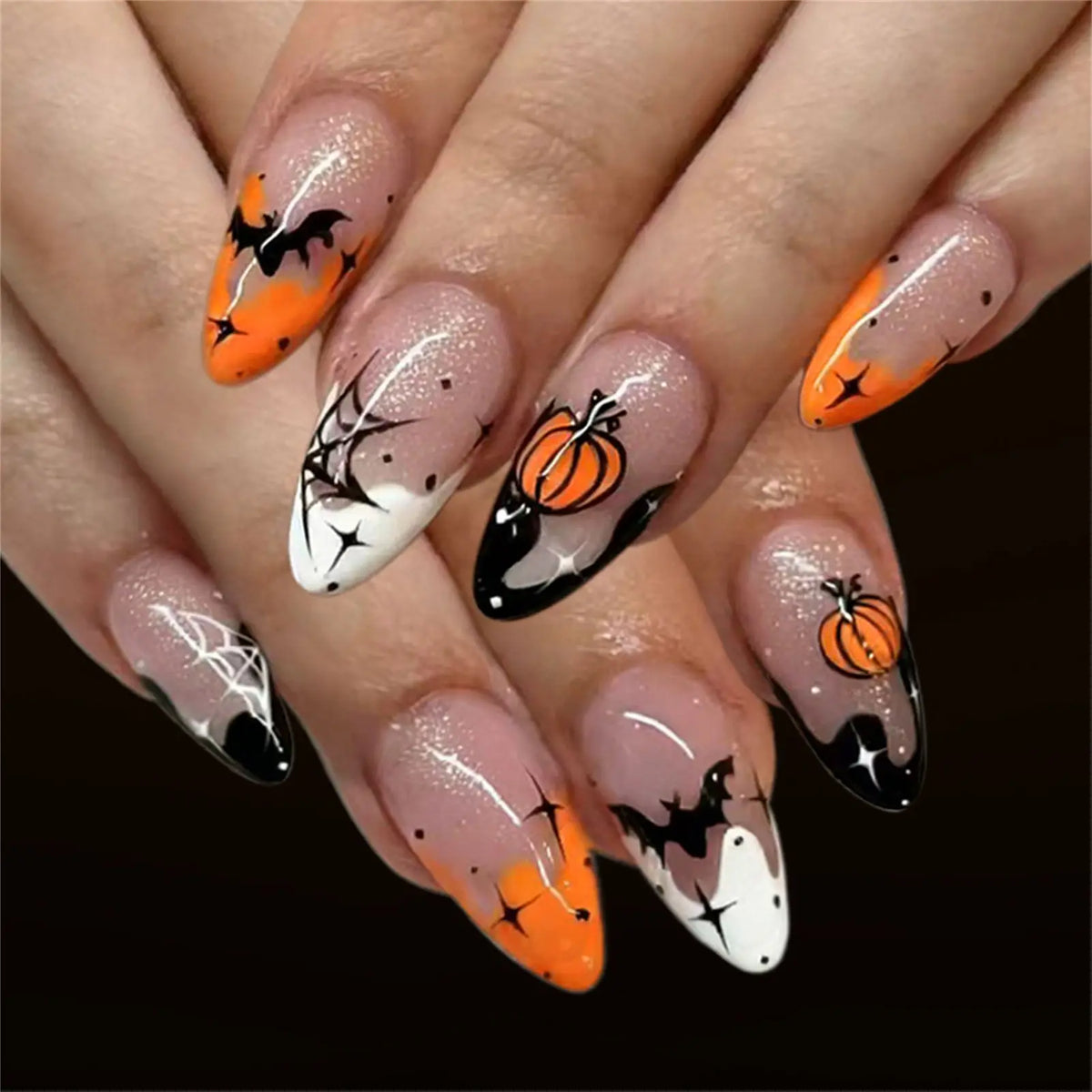 Press On Nails Resin Spider Web Pumpkin Fake Nails Easy Application for Halloween Party Costume Gothic Style 24Pcs Durable