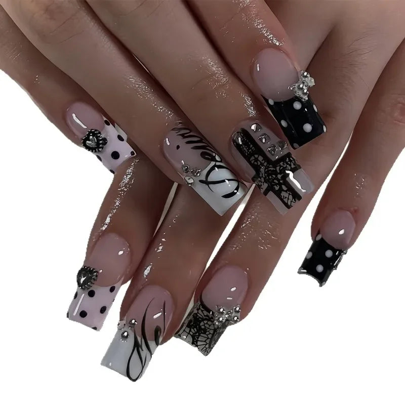 24Pcs Y2K Dark Medium Square False Nails Black Lace Cross French Polka Dot Press On Nails 3D Metallic Silver Bow Heart Nail Tips