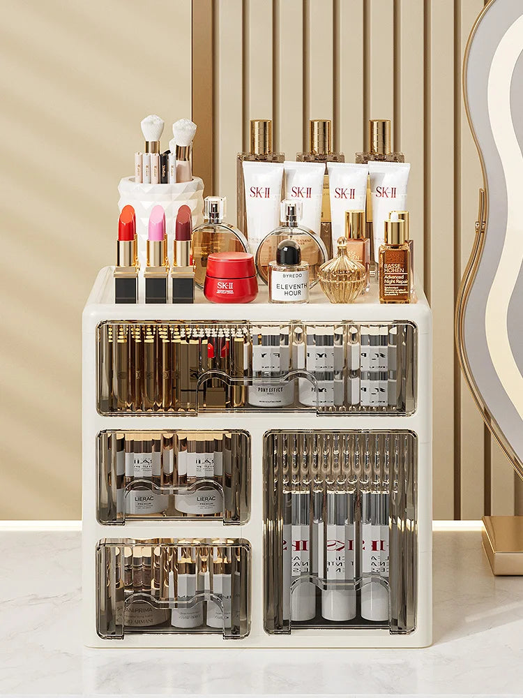 Cream Color Cosmetics Box,Multi-compartment Lipstick/Mask Organizer,Drawer Dresser for Skincare/Makeup Brushes,1–4 tiers