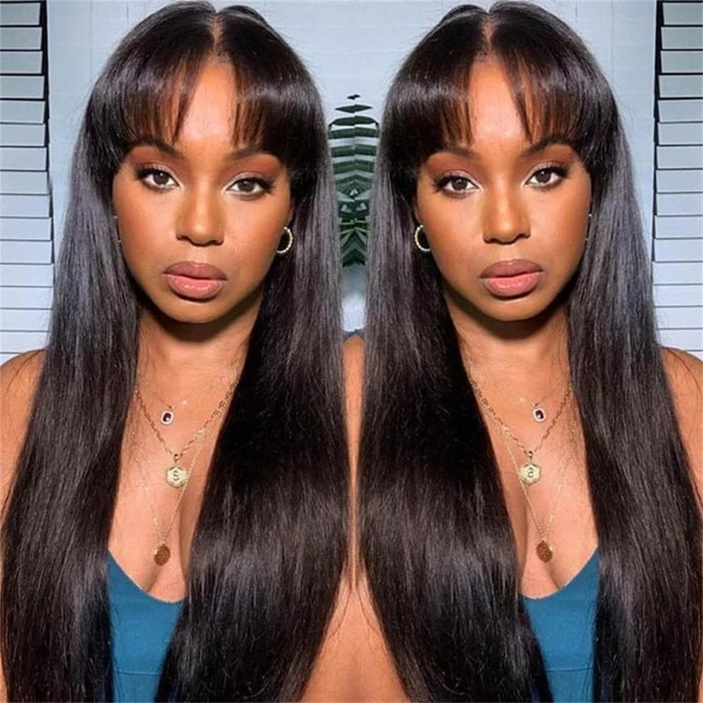 Silky Straight Human Hair Wigs With Bang Full Machine Made Wigs 8-30inch Natural Color AHJF Peruvian Remy Human Hair Wigs 220%