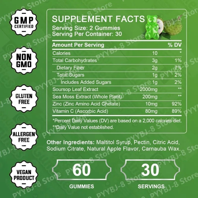 Soursop Graviola Gummy with Soursop Leaf Extract Sea Moss and Vitamin C Enhance The Immune System and Assist Digestion 60 Count