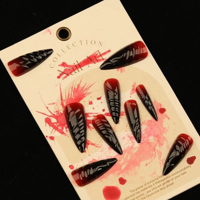24Pcs Gothic Halloween Press on Nails Long Stiletto 3D Spiral Black‑Red Gradient Glossy Full Cover Fake Nails for Cosplay Party