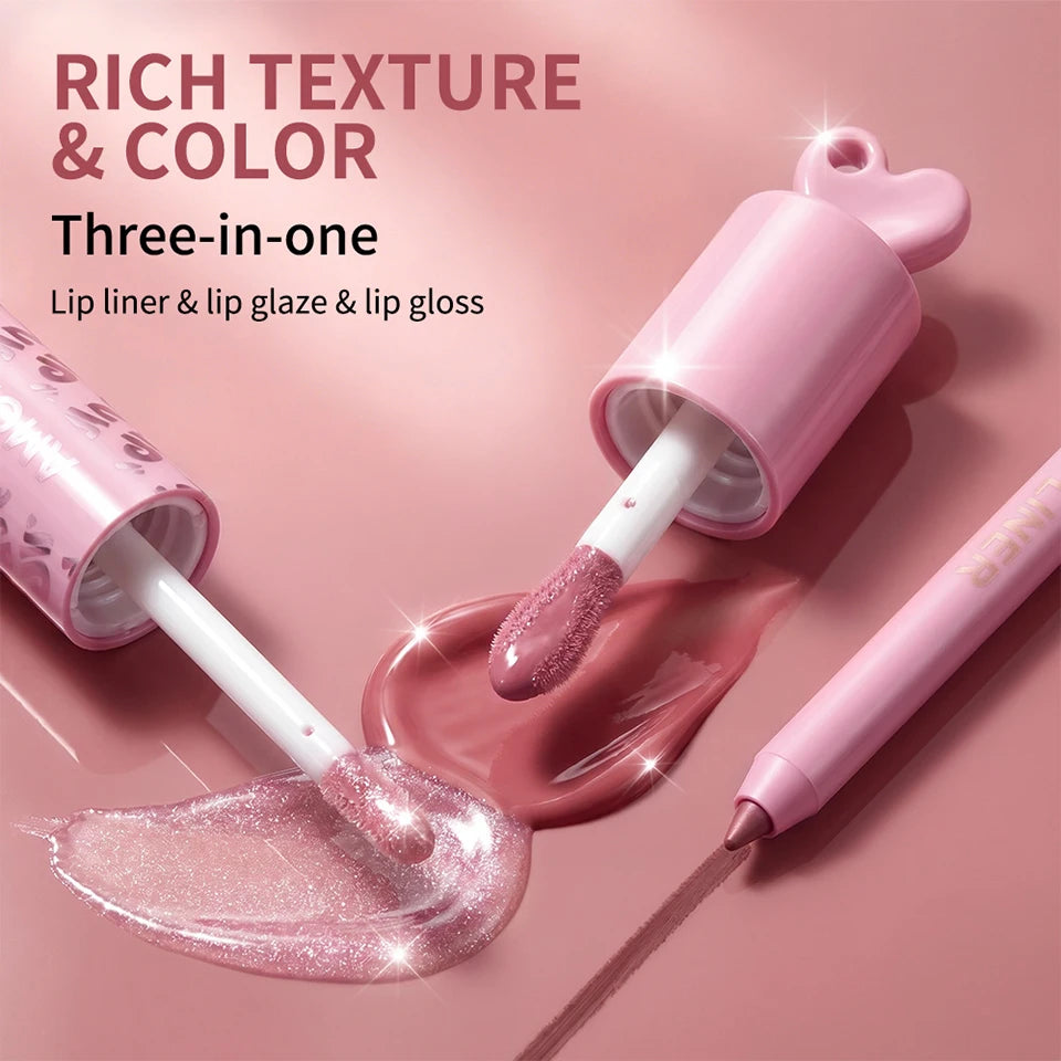 Christmas Gift For Women Lip Makeup Set 3Pcs Lip Cosmetic Kit Heart Shape Plumper Lip Gloss Lip Line Longwear Hydratin