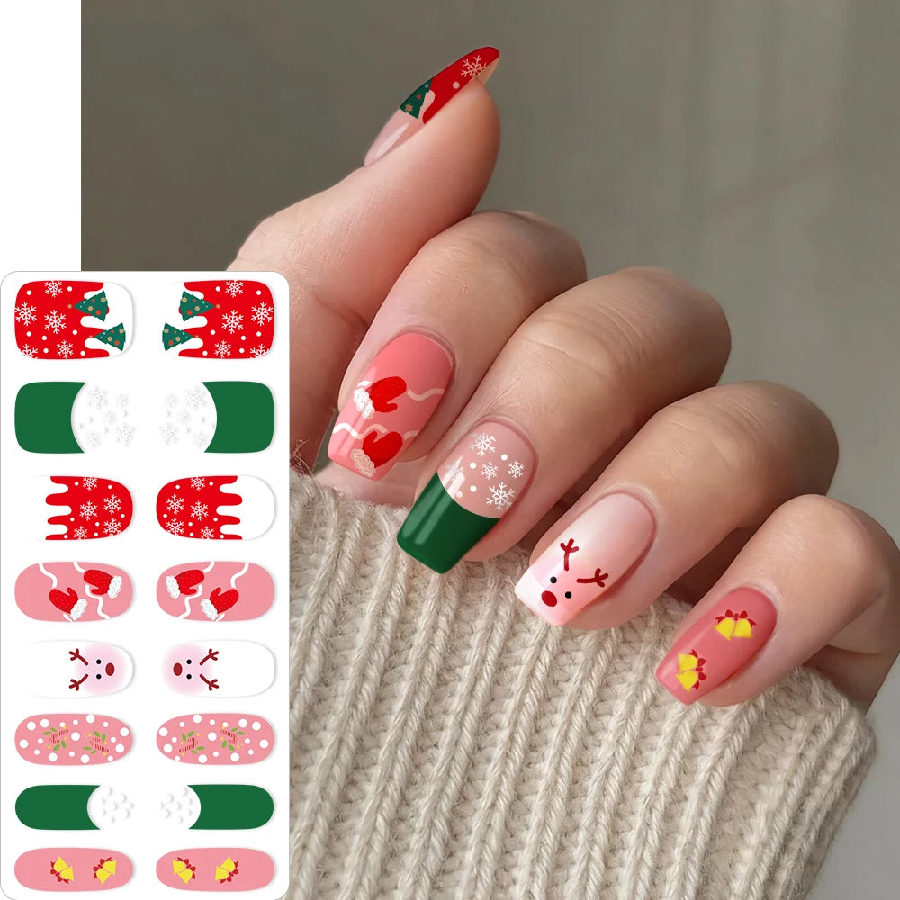 16Tips 3D Full Cover Christmas Series Nail Stickers Adhesive No Light Need Nail Art Wraps Strips Festival Manicure Polish Tips *