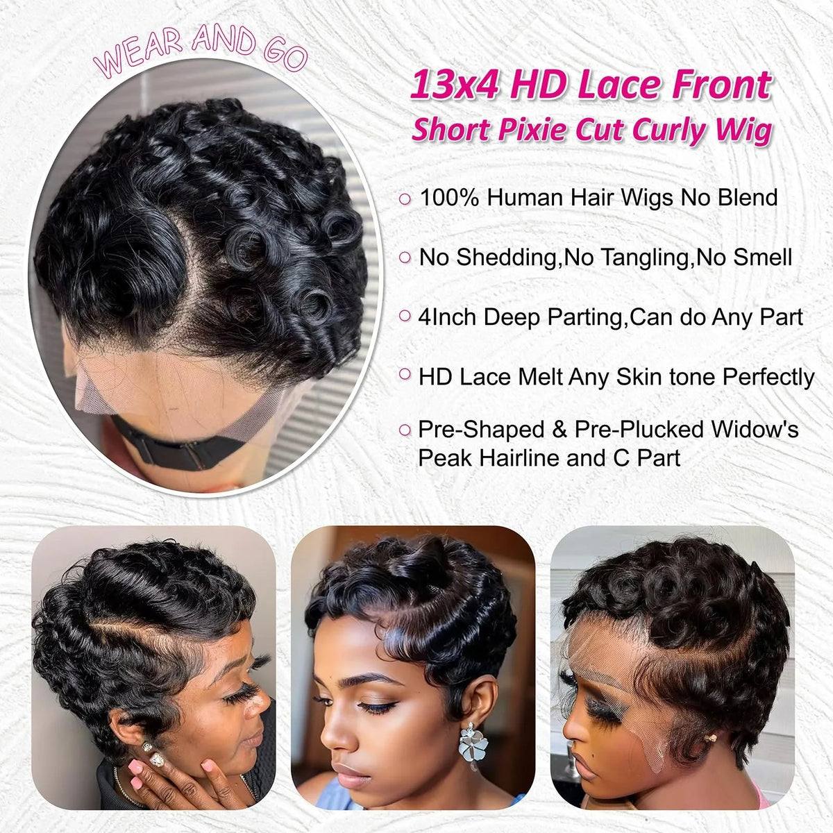 Brazilian Remy Deep Wave Pixie Cut Wig 13x4 Lace Front Pre Plucked Hairline Wavy Style 100 Human Hair For Black Women Daily Wear