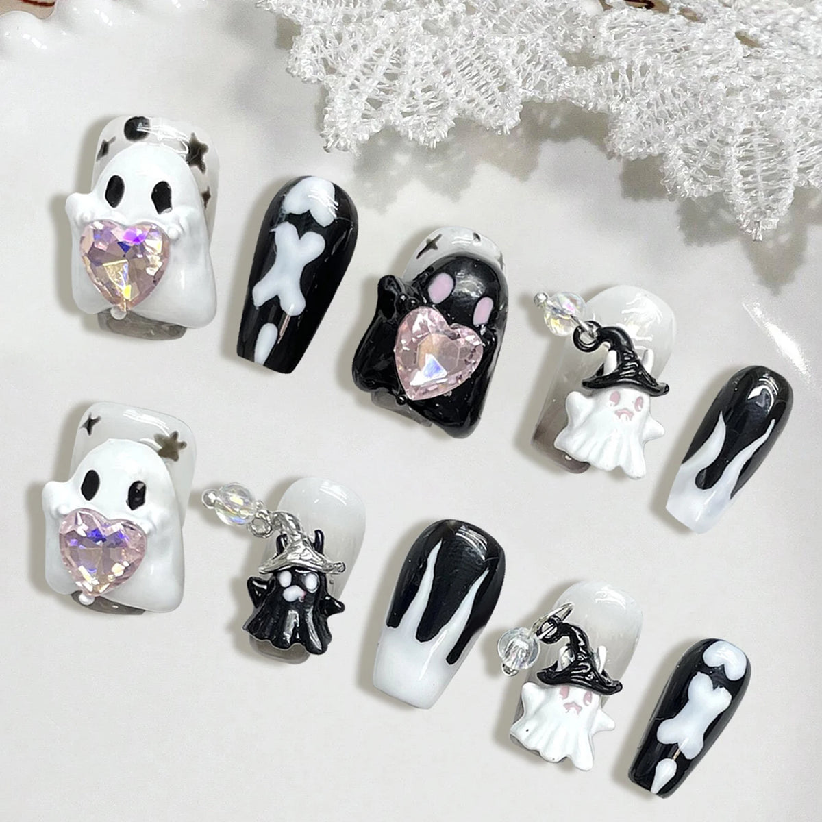 10pcs Pink Halloween Press On Nails Handmade Short Square False Nails Cute 3D Ghost Devil Heart  Bowknot Decor Fake Nail Tips