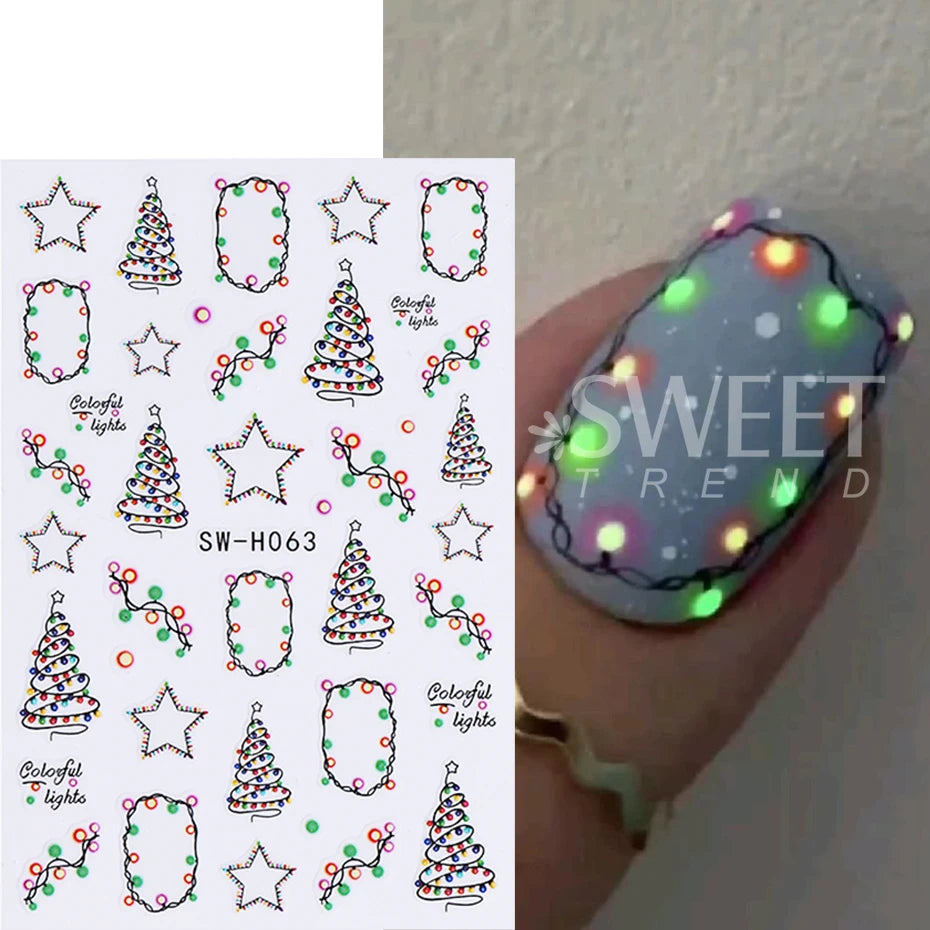 2pcs Glow In The Dark Christmas Nail Stickers Colorful Light Bulb Star Xmas Tree Pattern Nail Decals DIY Manicure Decor Sliders