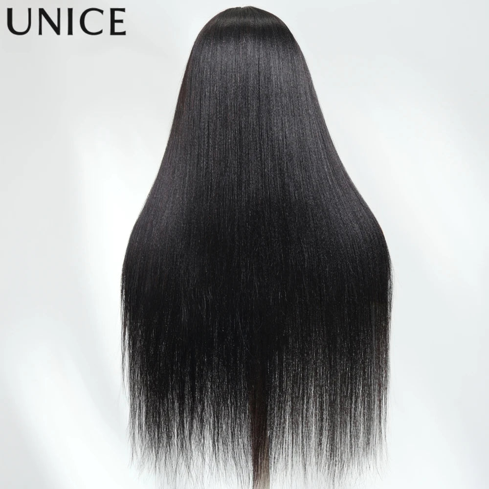 Unice Hair Layered Cut Yaki Straight Wig With Bangs 100% Human Hair Full Machine Made Wig 150% Density