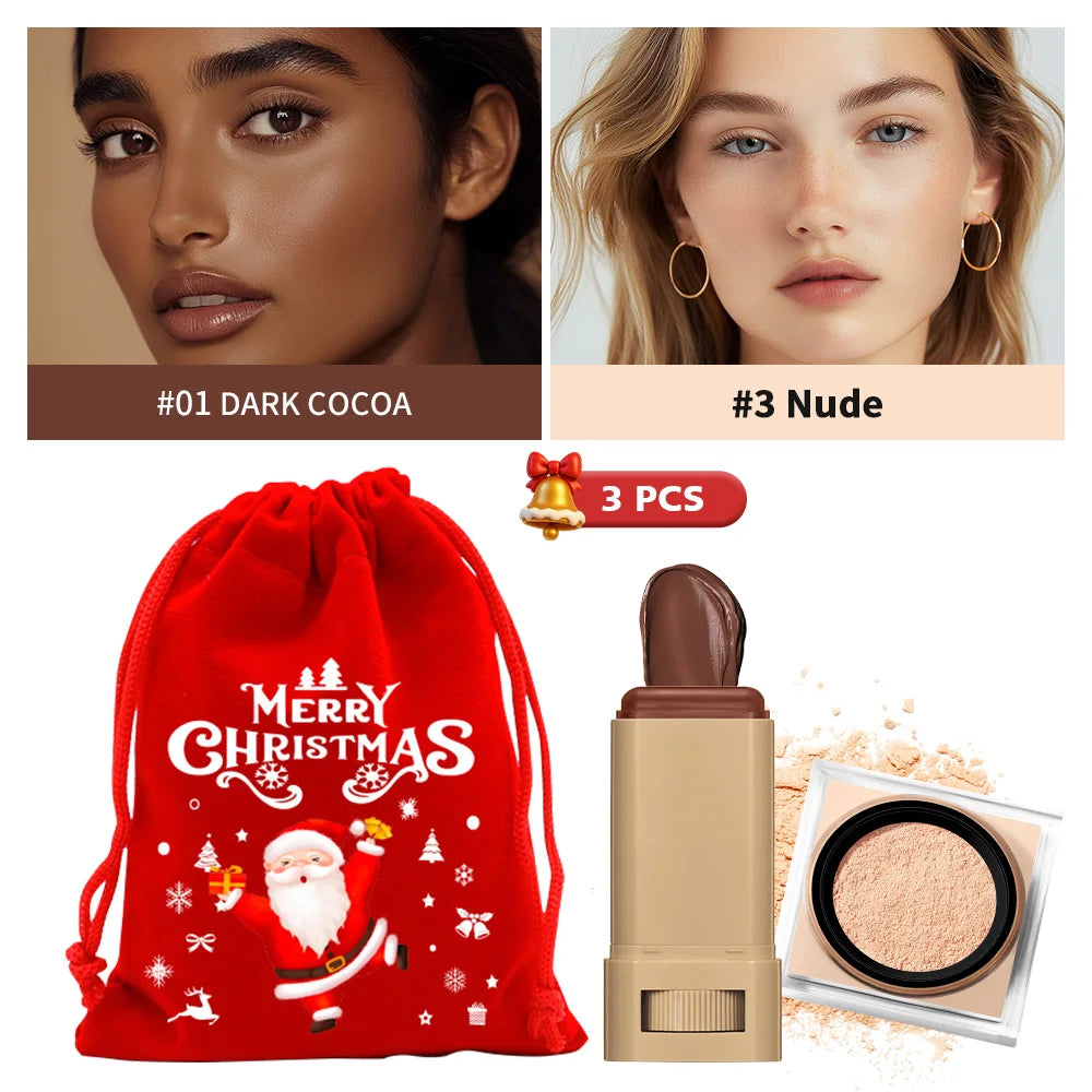 Foundation Stick & Loose Setting Powder Water-Resistant Longwear Full Coverage Oil-Control Beginner Makeup Set Christmas Gift