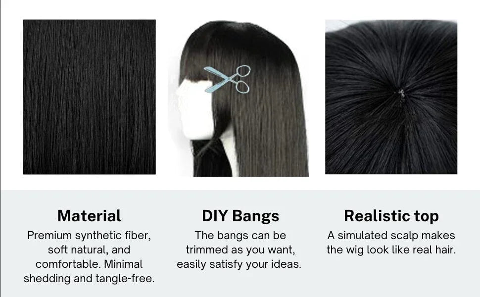 Anime Cosplay Wig Long Straight Flat Bang Synthetic Wig Anime Black Hair Wigs