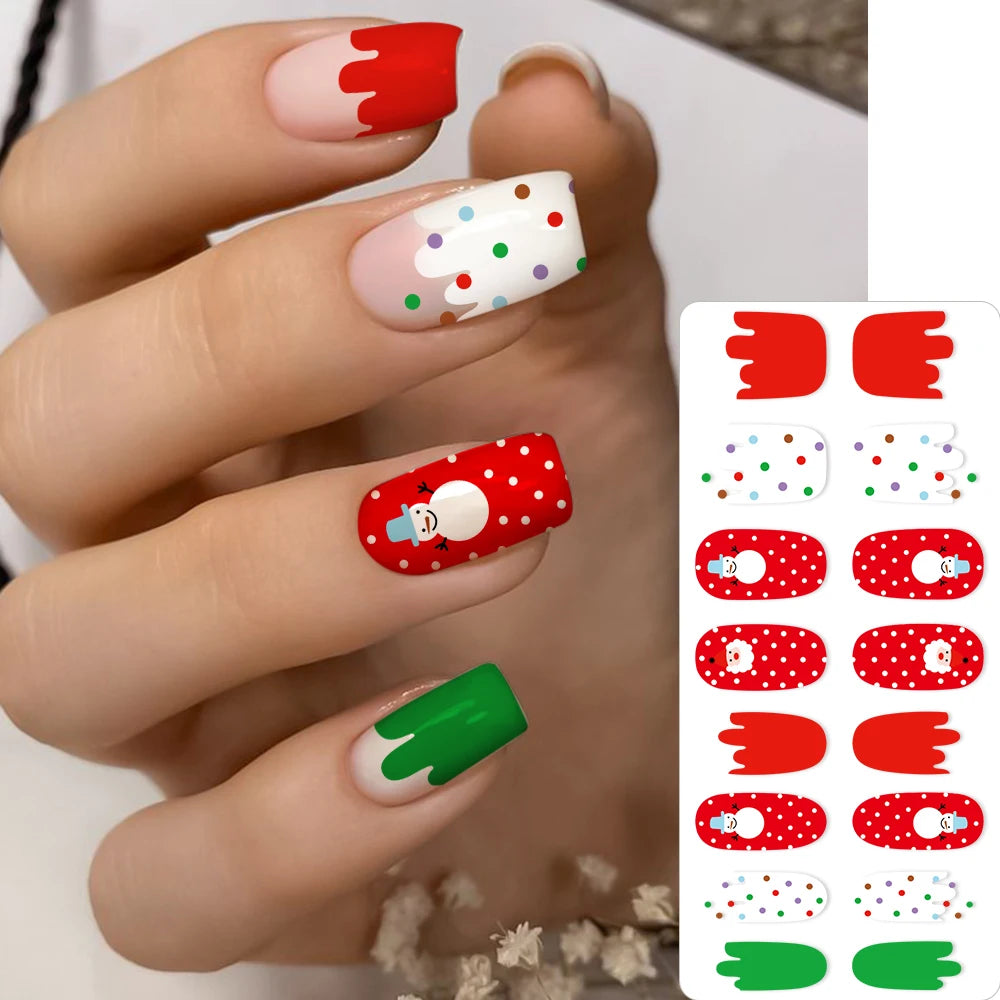 16Tips 3D Full Cover Christmas Series Nail Stickers Adhesive No Light Need Nail Art Wraps Strips Festival Manicure Polish Tips *