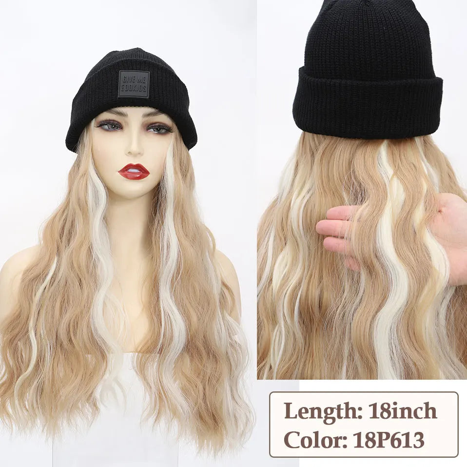 Hat Wig Knitted Beanie Wig Hat Hair Extension 11''18'' Long Wavy Curly Black Hat Wig Synthetic Hairpiece for Women Girls Winter