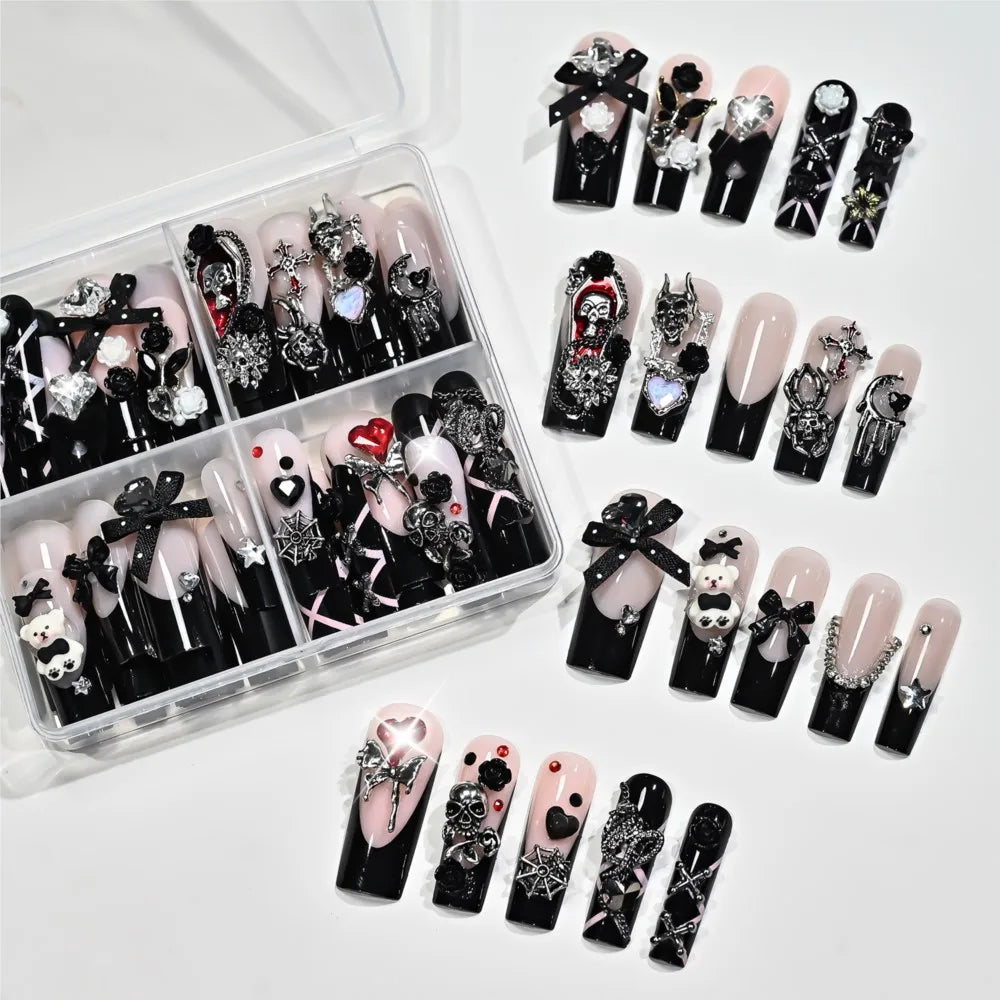 96PC Black French Long Coffin Halloween Press On Nails Y2K Cross Skull Spider Snake Bow False Nails Full Cover French Fake Nails