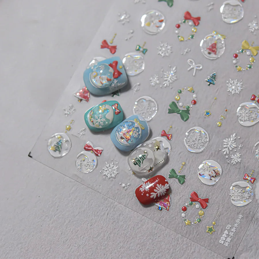 Winter Christmas Nail Stickers Christmas Tree Crystal Ball Butterfly Knot Snow Bead Chain Self Adhesive Nail Art Accessories DIY