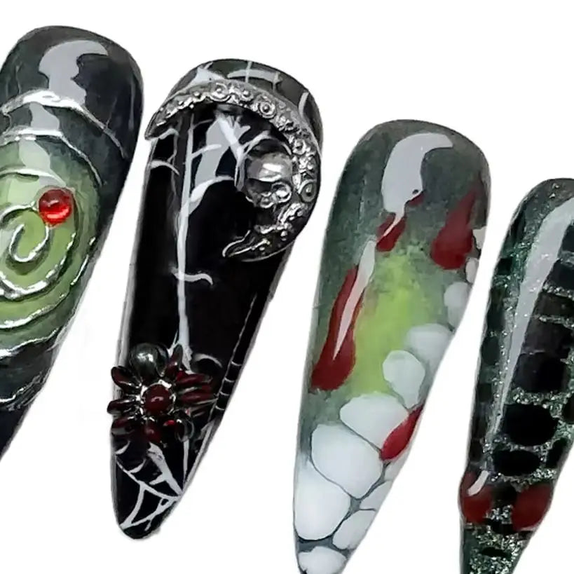 10pcs/Set Handmade acrylic press on nails Long high-heeled finger nails，halloween nails , Bloody Forest Hand-Painted Ghost Fake