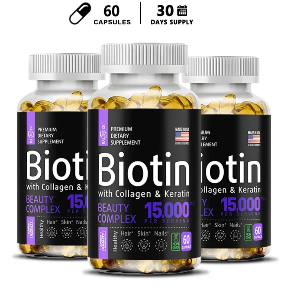 Biotin with Collagen & Keratin - Hair Growth Supplement for Women & Men, 15000 Mcg, Healthy Nails & Skin, 120 Capsules