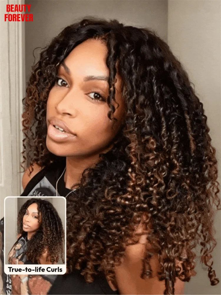 Beautyforever Burmese Curly Glueless Wig Finger Coily Ends 100% Human Hair Black to Chestnut Brown 7x5 Pre Cut Lace Wig 180%