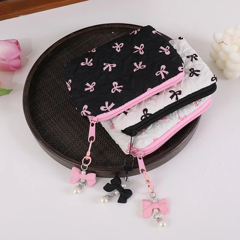 Cute Bow Travel Small Cosmetic Lipstick Portable Storage Bag Women Girls Makeup Handbags Purse Key Earphone Pouch Bags Organizer
