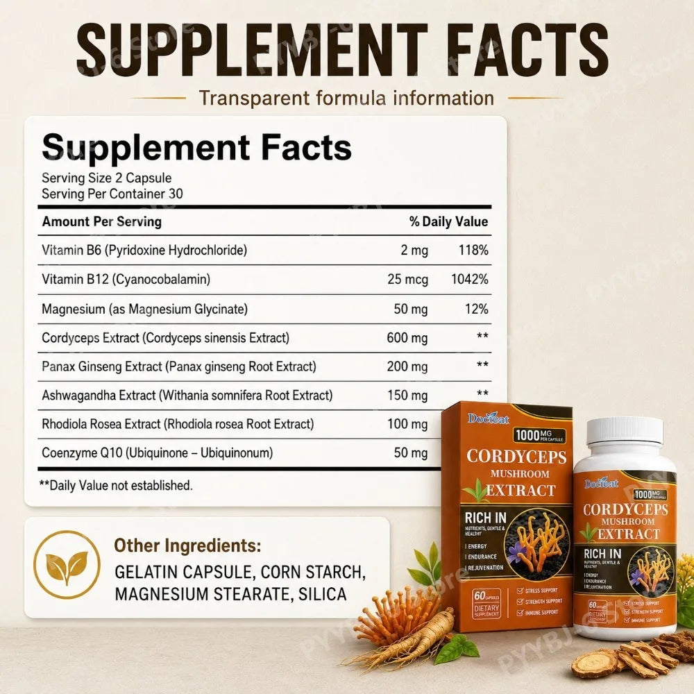 Docteat Cordyceps Mushroom Extract Capsules with Energy Mental Clarity Stress Balance Support Daily Vitality, 60 Capsules