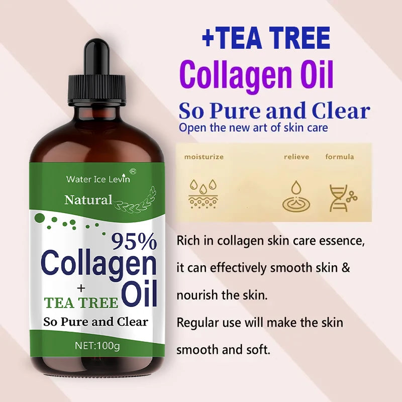 Tea Tree Collagen Oil 95% Pure Collagen Infusion. Smoothes Nourishes Skin. Lightweight Non-Greasy Feel. 100g Clear Formula.