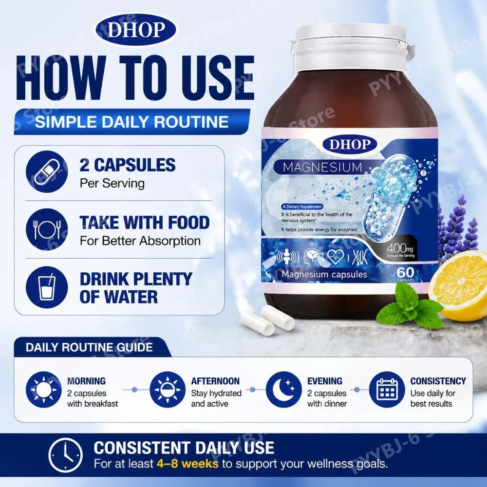 DHOP Magnesium Capsules 400mg 60 Count Bone Health Muscle Function Sleep Wellness Nervous System Support Supplement for Adults
