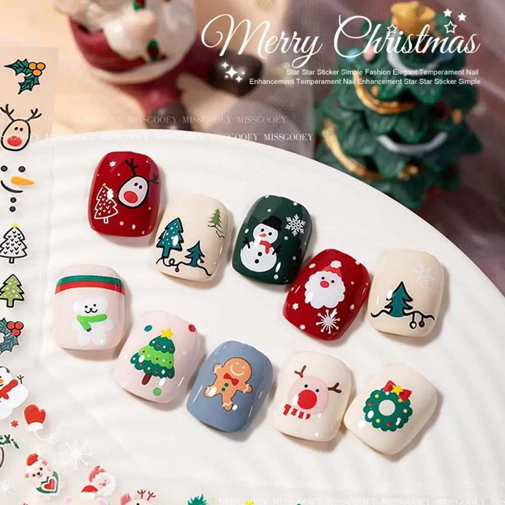 30PCS 3D Mixed Christmas Red Green Cartoon Nail Stickers Snowflake Elk  Santa Claus Snowman Glitter Nail Decals New Year Nails