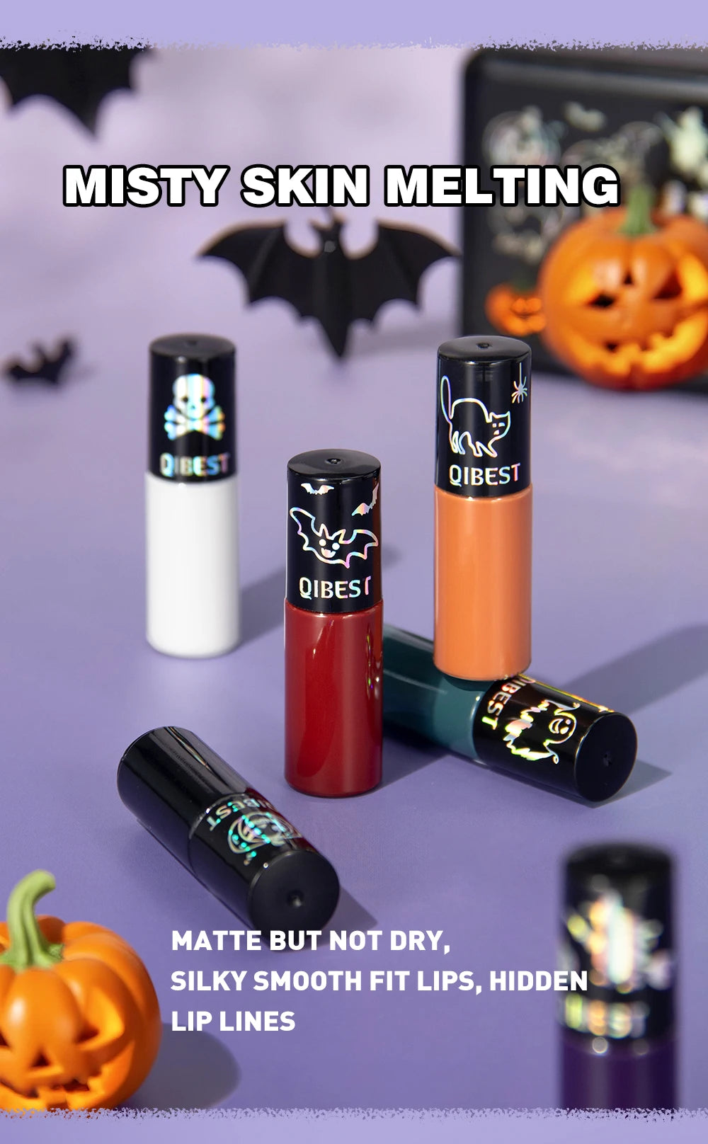 QIBEST Halloween Lipgloss Makeup Sets Matte Liquid Lipstick Waterproof Red Lipgloss Black Purple Orange Non-Stick Cup Lipstick