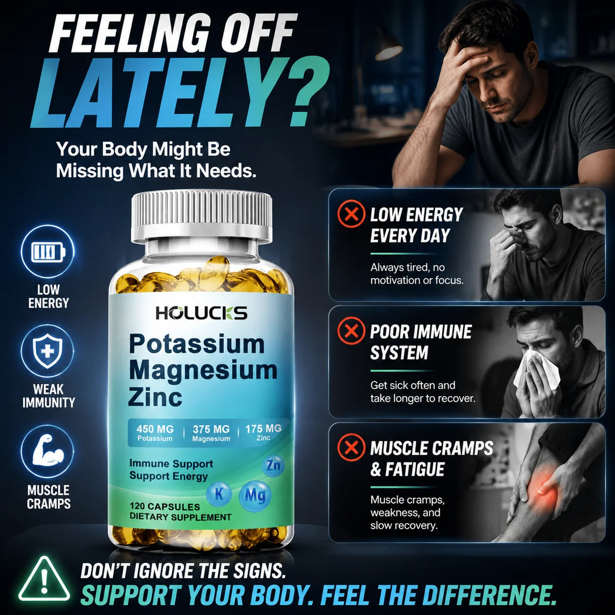 Potassium Magnesium Zinc Capsules - Bone & Heart Health Supplement, Sleep Support, Muscle Relaxation, Stress & Anxiety Relief