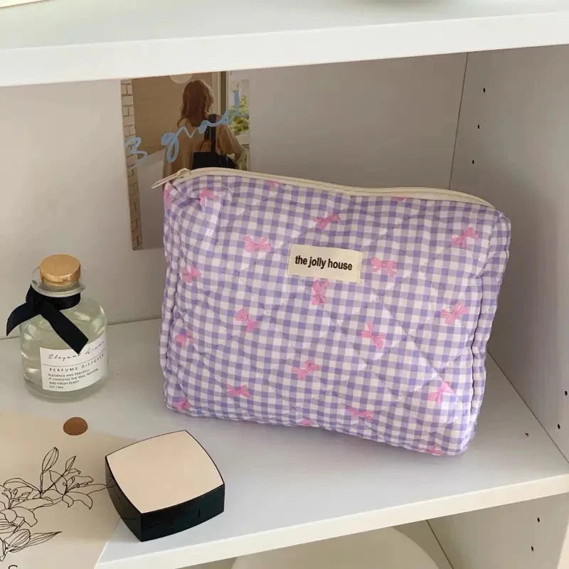 New Cartoon Bow Knot Tote Makeup Zipper Bag Women Large Capacity Quilting Pouch Washbag Cute Portable Cosmetic Storage Bag