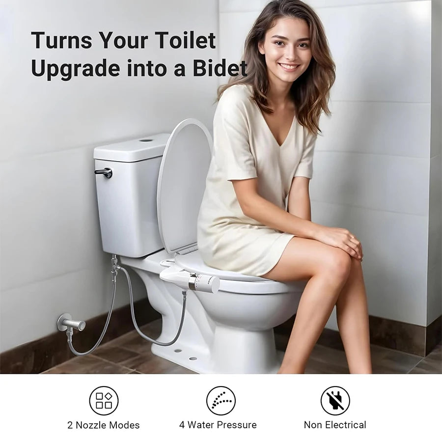 Non-Electric Ultra-Slim Bidet - Dual Nozzle Self-Cleaning Fresh Cold Spray, Adjustable Pressure for Feminine & Rear Hygiene